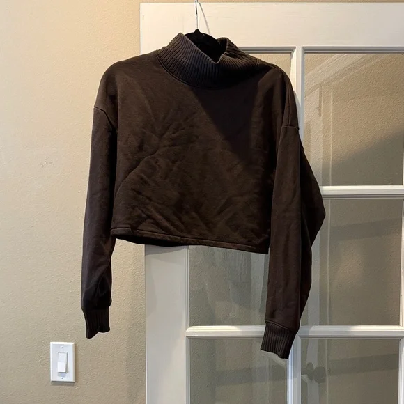 ALO Yoga Cropped Turtleneck Sweatshirt in Dark Brown - Picture 1 of 2